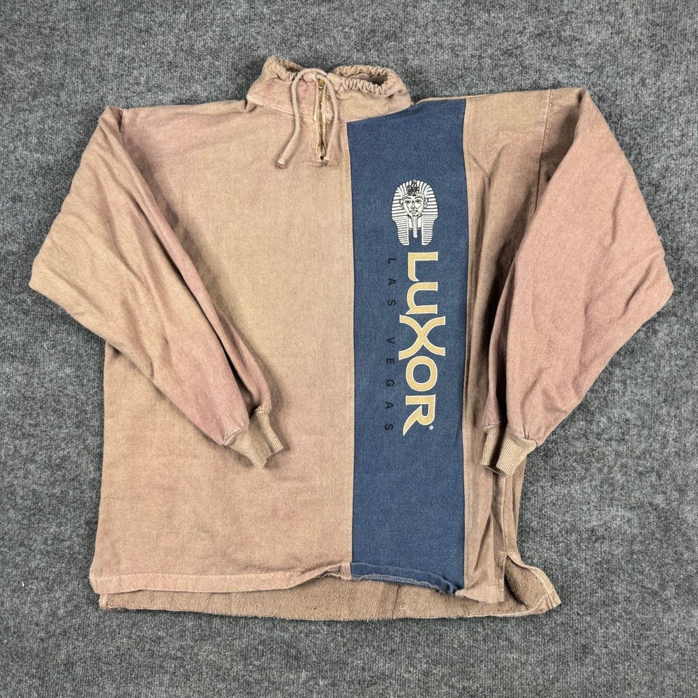 Luxor Sweatshirt Mens Size L/XL Tan Blue 1/4 Zip Cotton Blend Vintage Las Vegas